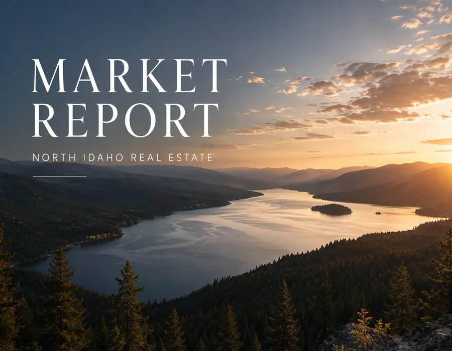 Real estate market chart beside a model home representing North Idaho housing trends