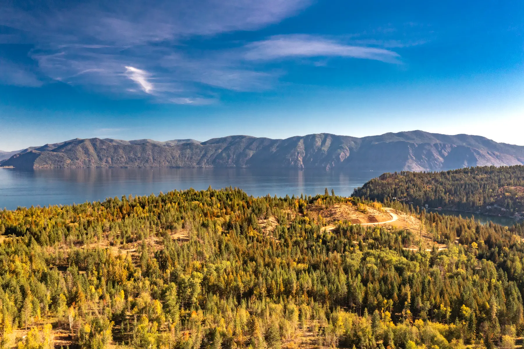 North Idaho Panhandle landscape with lake, forest, and mountain views